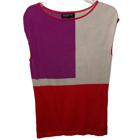 Jones New York Color Block Shell Size Large Purple Tan Red Lightweight Knit Top - Picture 1 of 6